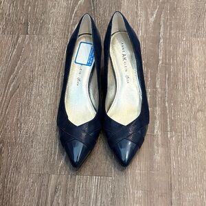 Anne Klein Navy Pointed Toe Pumps with Glossy Cap